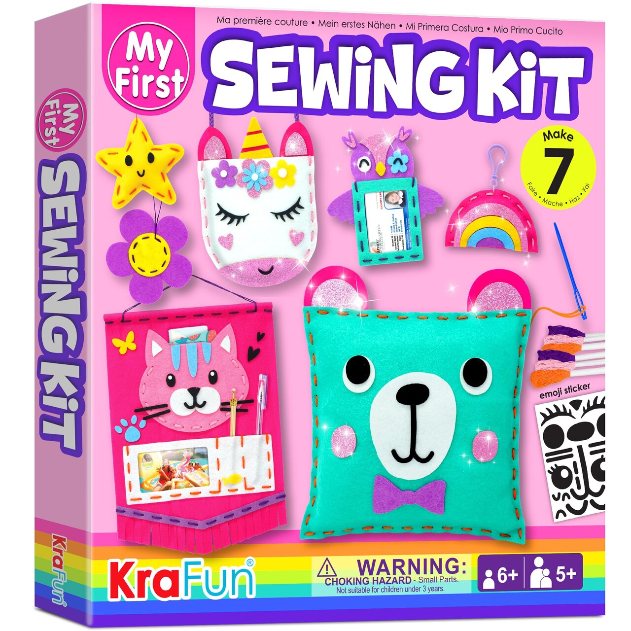 My First Sewing Kit for Beginner Kids Arts & Crafts, 7 Easy DIY Projects of Stuffed Animal Dolls and Plush Pillow Craft, Instructions & Felt, Gift for Girls, Boys, Learn to Sew, Embroidery